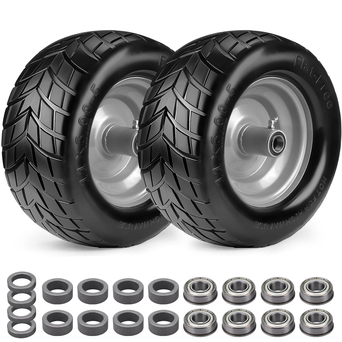 Midcos front view of two 11x6.00-5 tires showing fit and finish, reliable durability