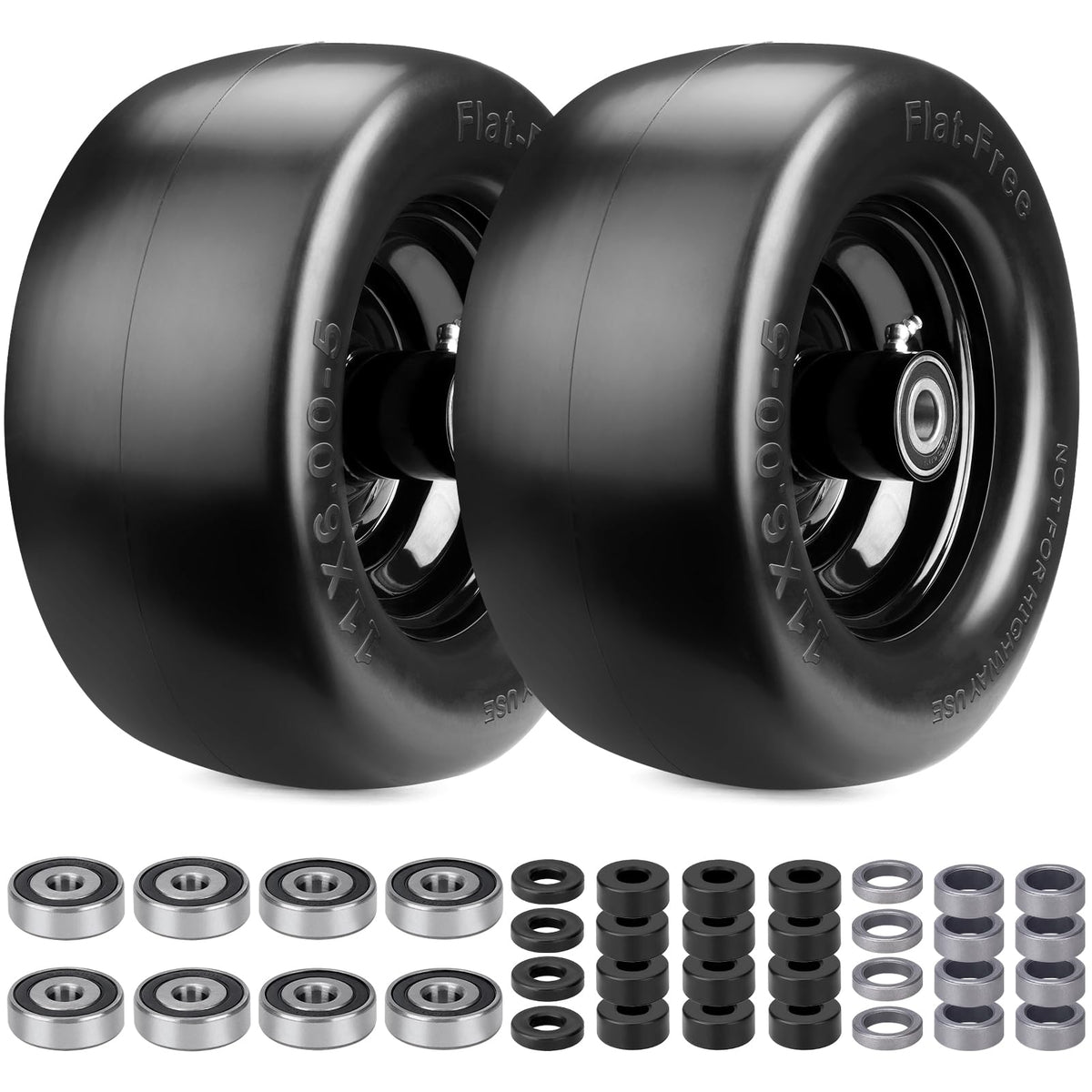 Midcos front view of two 11x6.00-5 tires showing complete kit benefit