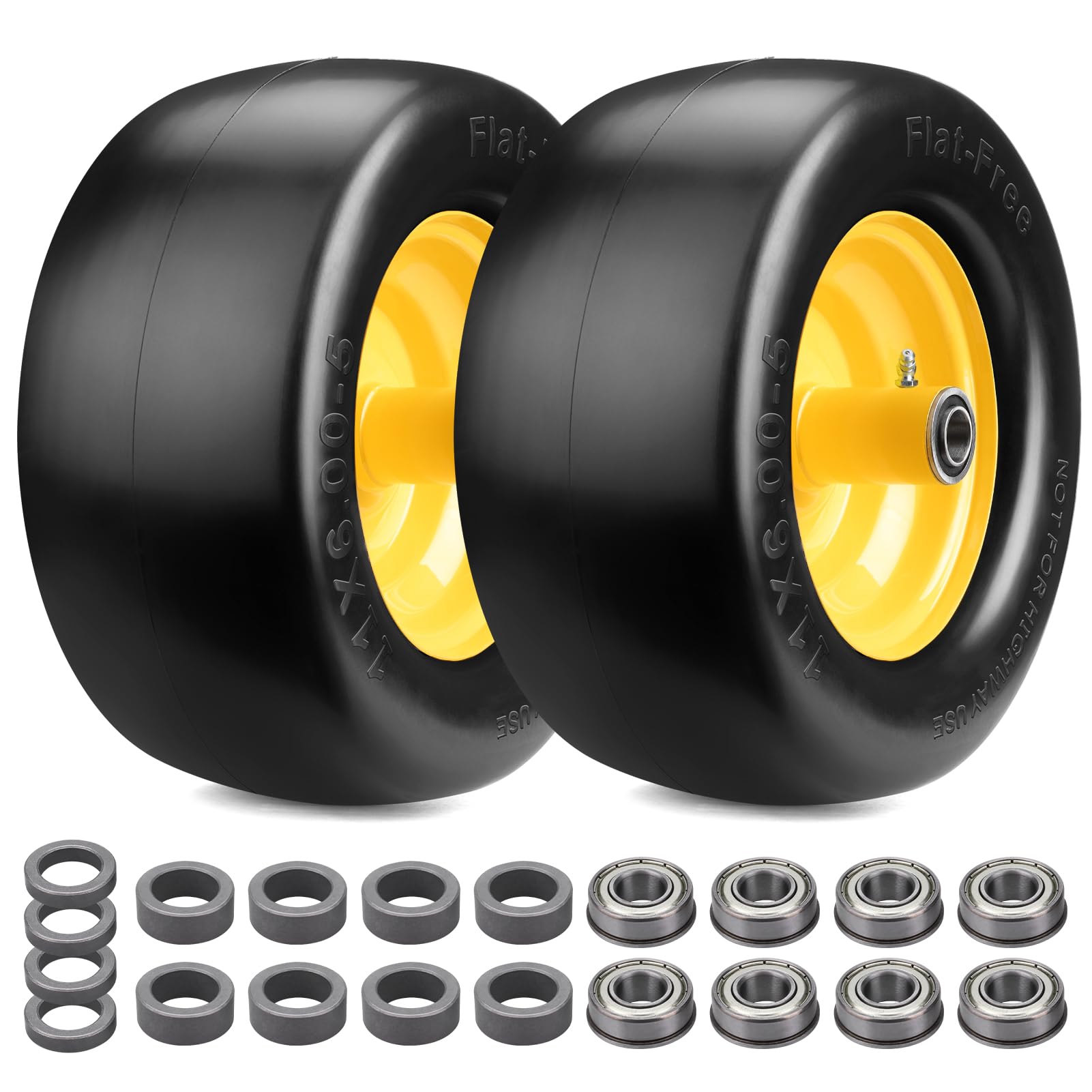 Midcos front view of 11x6.00-5 wheel assembly showing robust rim and tire benefit durability