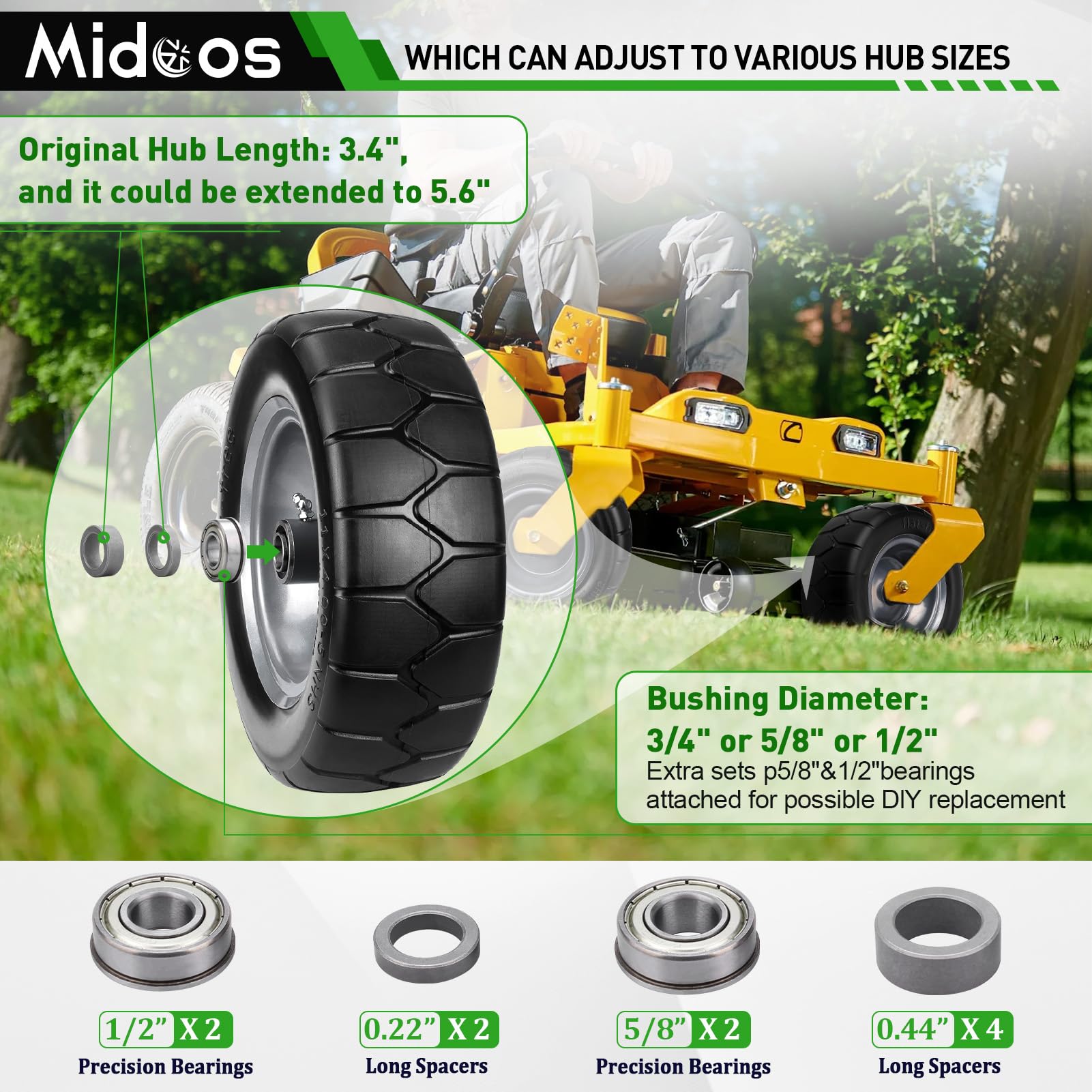 Midcos installed on a zero-turn mower demonstrating no-flat convenience