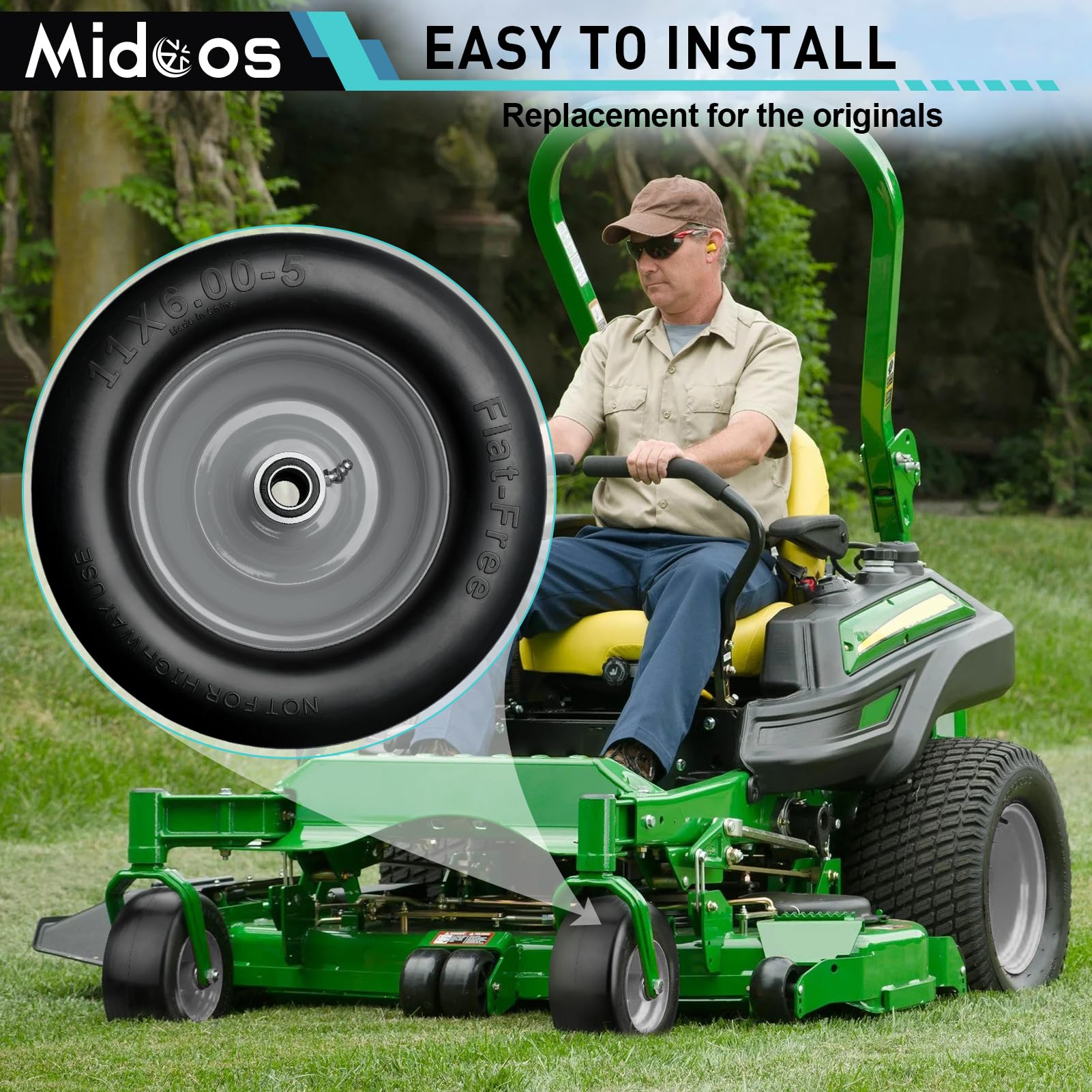 Midcos lifestyle shot on lawn showing stable, maintenance-free mowing benefit