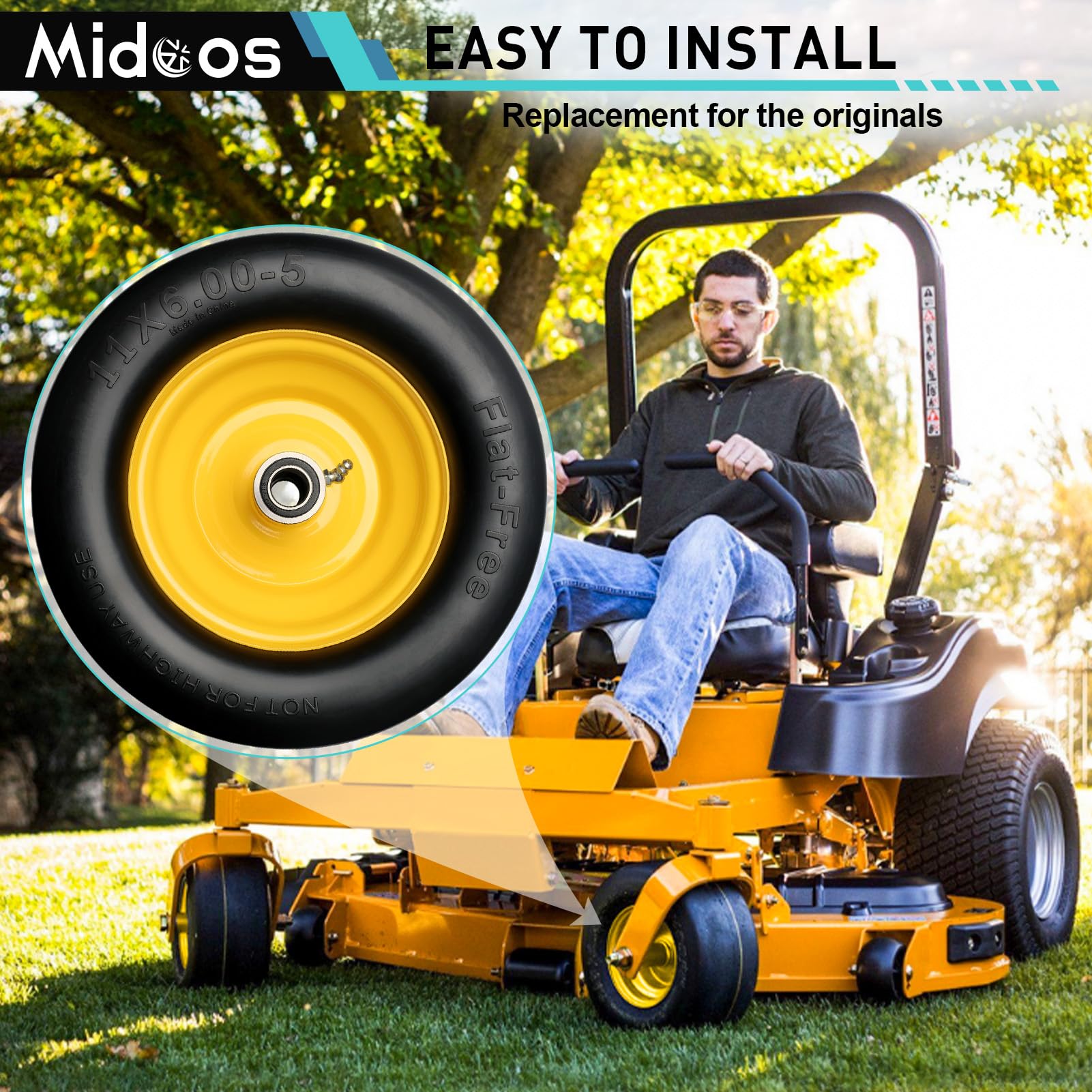 Midcos lifestyle shot of a mower in a yard using the wheels to maintain consistent cutting