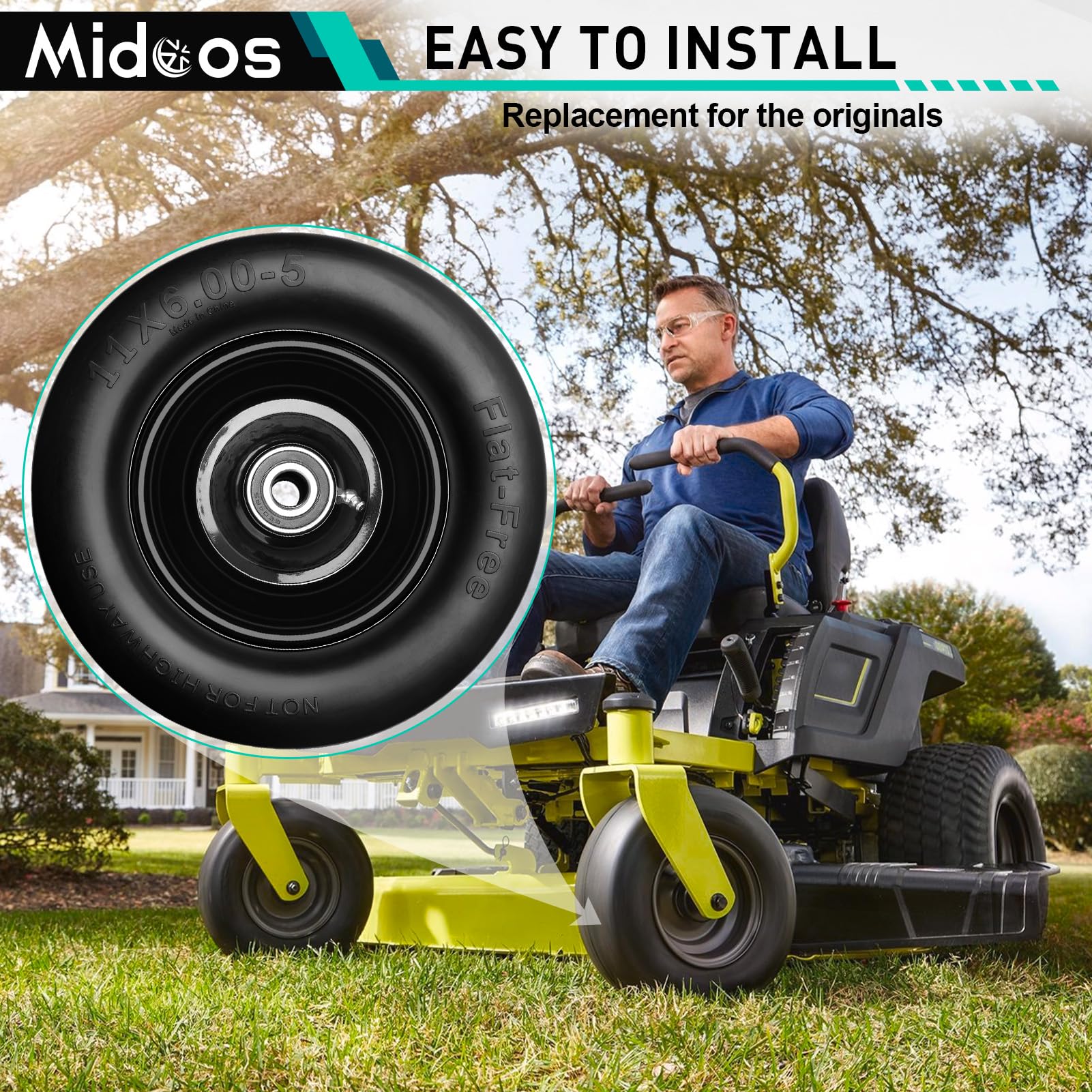Midcos tires in yard-mowing scene illustrating puncture-free operation