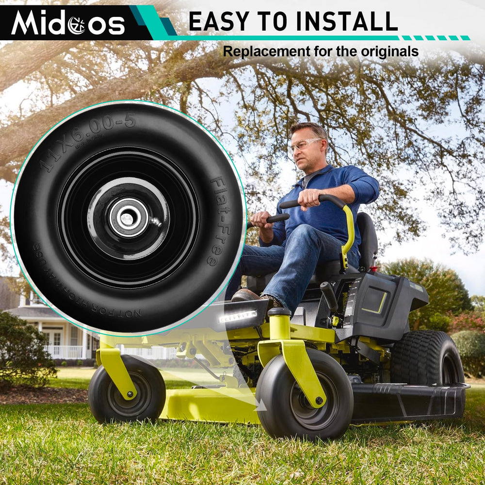 Midcos tires in yard-mowing scene illustrating puncture-free operation