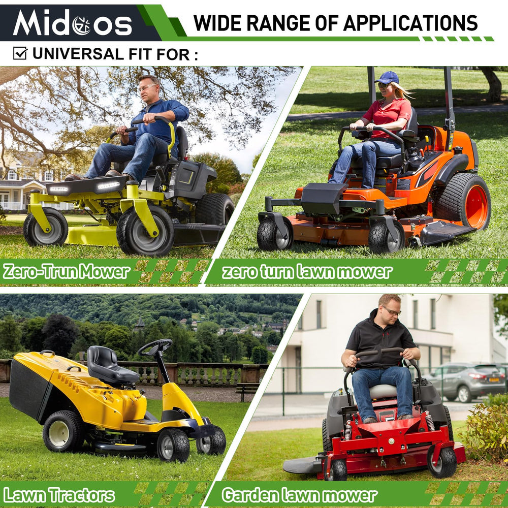 Midcos lawn-mower in yard with tires fitted showing stable mowing performance