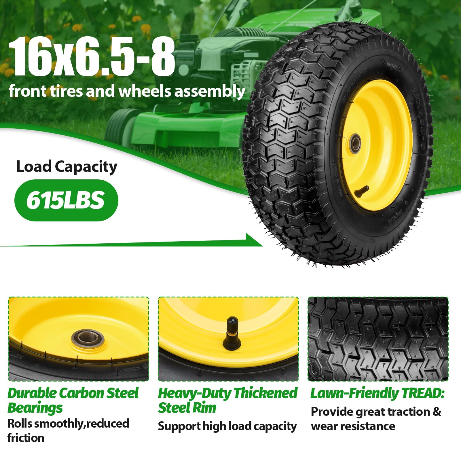 Midcos wheel mounted on a riding mower demonstrating ready-to-use fit