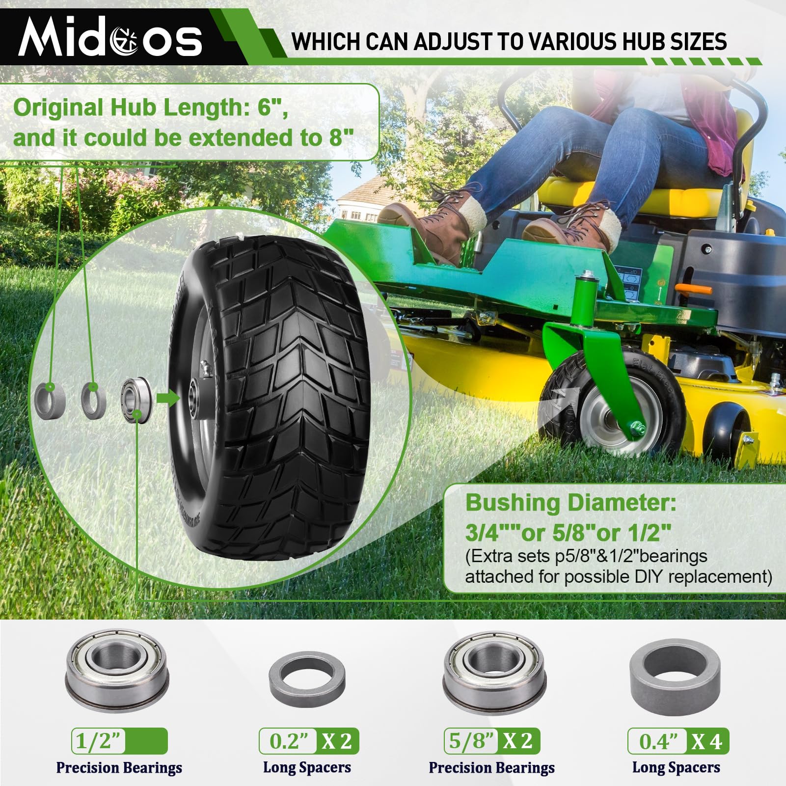 Midcos tire beside ruler showing 11" diameter and 6" width for correct sizing
