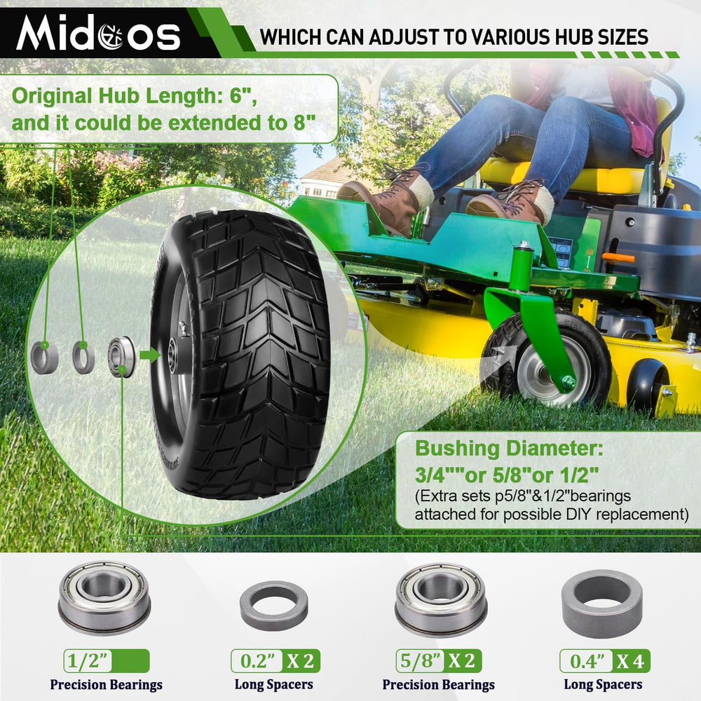 Midcos tire beside ruler showing 11" diameter and 6" width for correct sizing