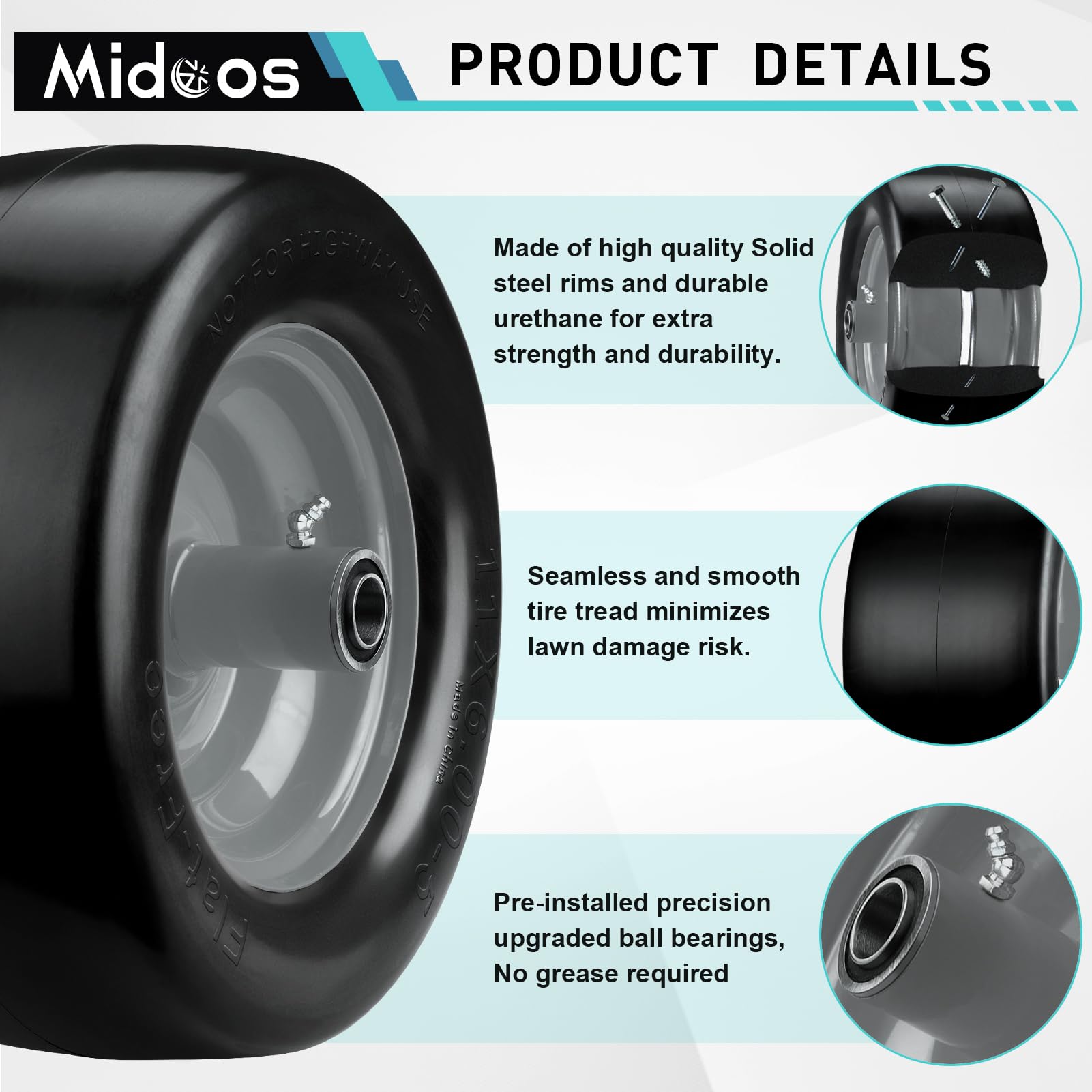 Midcos smooth tread detail minimizing turf damage and improving maneuverability benefit