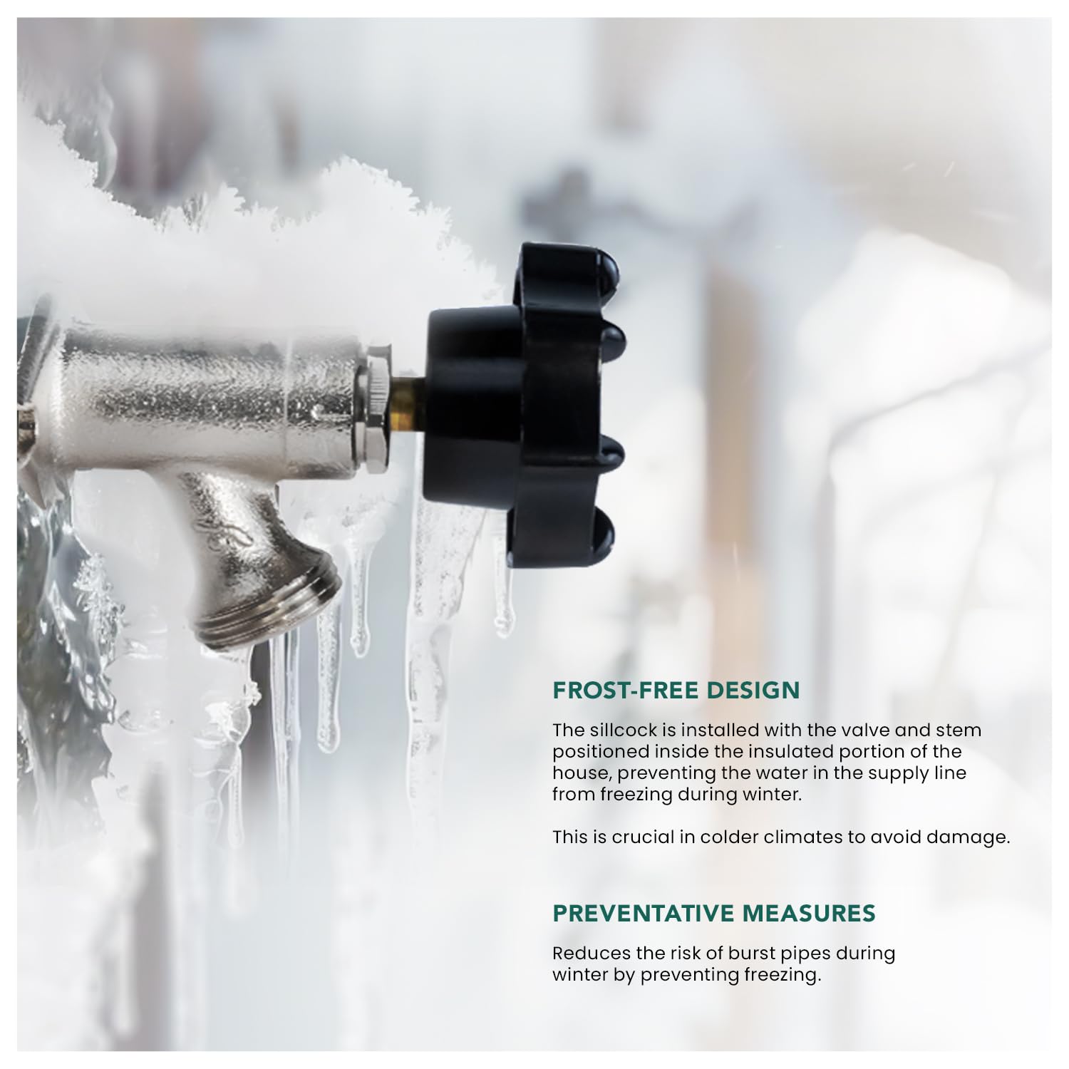 Midline Valve installed in exterior wall illustrating frost-free placement and leak prevention