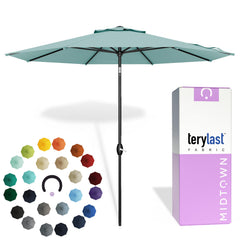 Midtown Umbrellas front view showing aqua canopy and full shade coverage