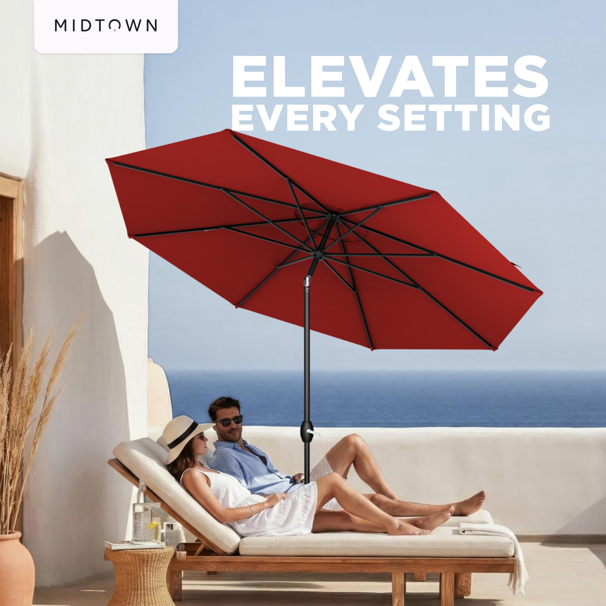 Midtown Umbrellas label and warranty tag showing 10-year protection detail