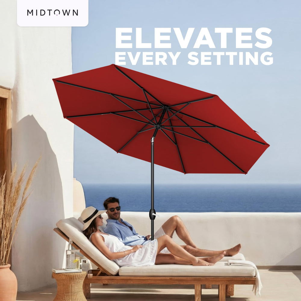 Midtown Umbrellas label and warranty tag showing 10-year protection detail