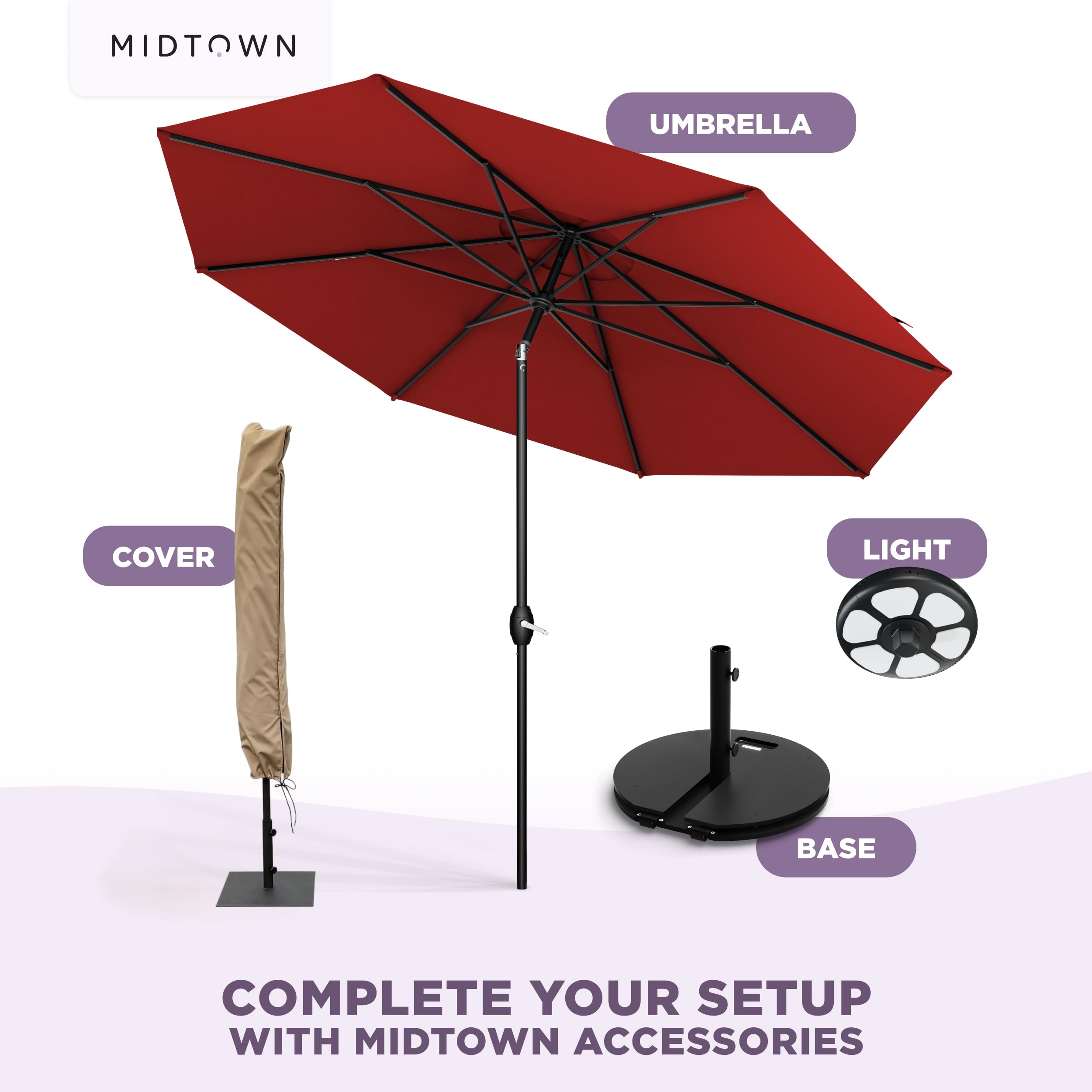 Midtown Umbrellas pictured next to chair to show 9 ft size and coverage