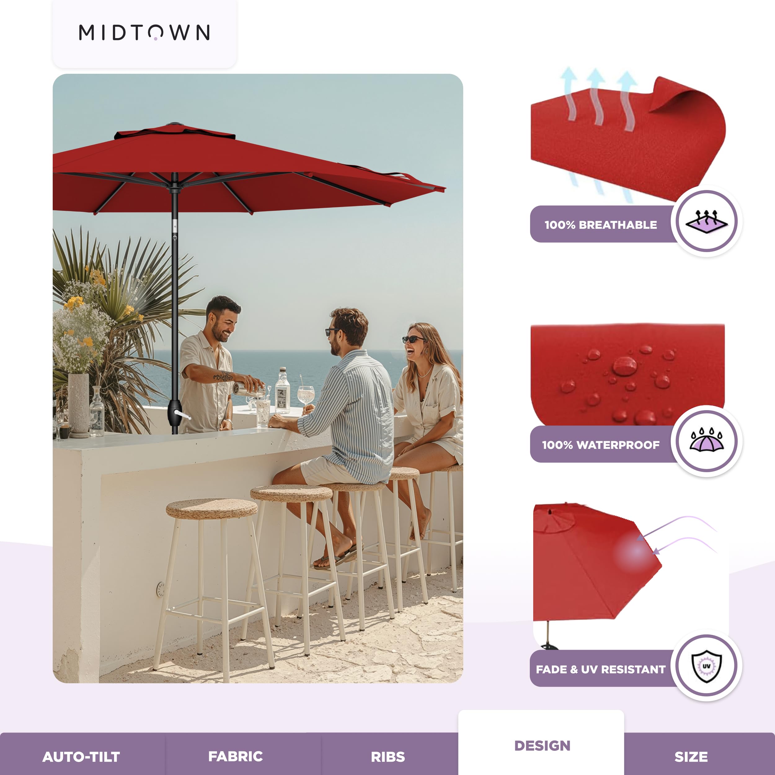 Midtown Umbrellas over a patio dining table creating comfortable outdoor seating