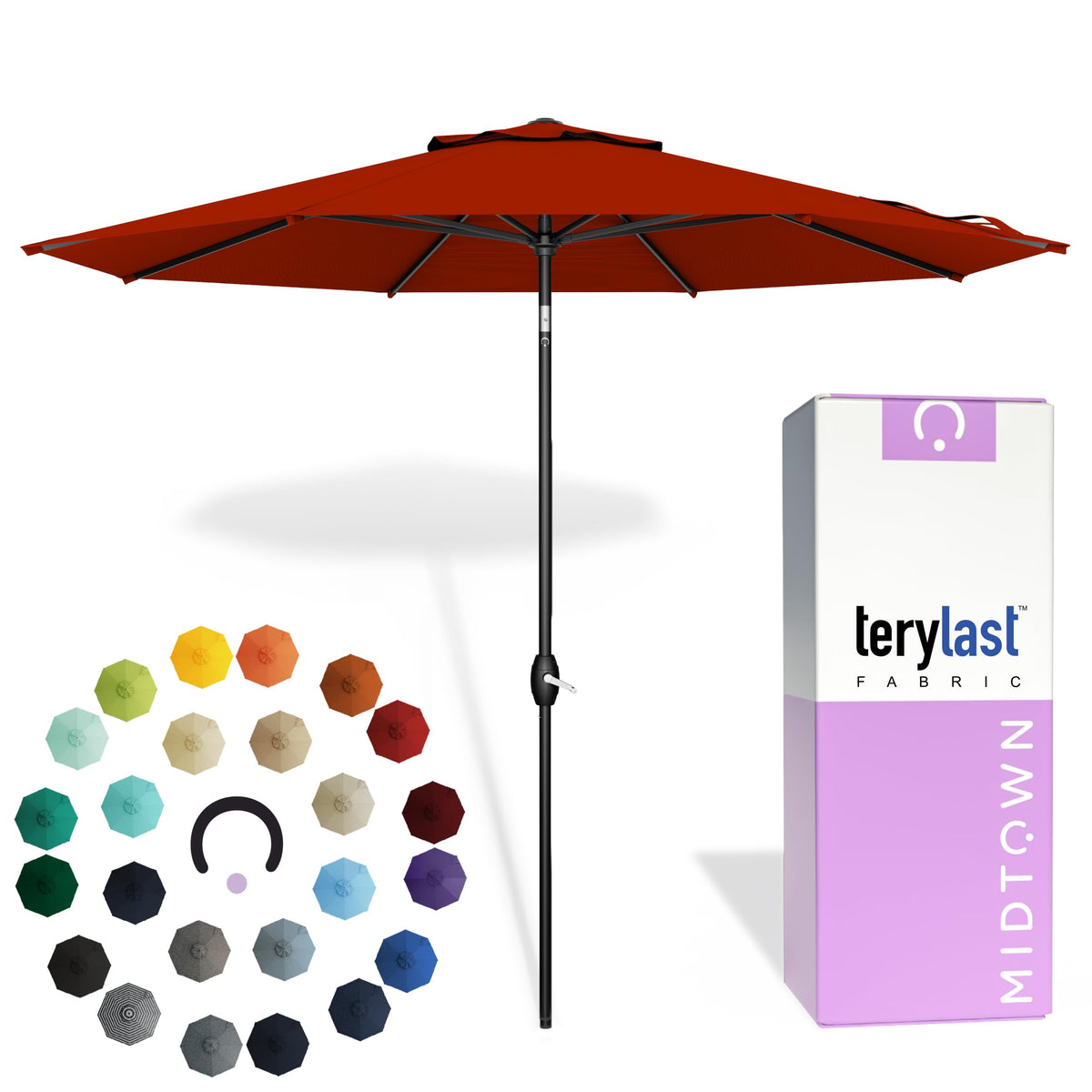 Midtown Umbrellas front view apple red canopy showing vibrant fade-resistant color