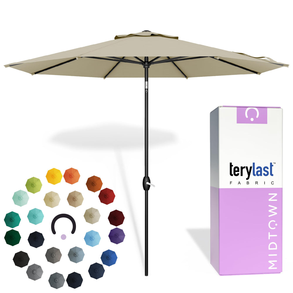 Midtown Umbrellas front view chestnut beige canopy showing reliable shade