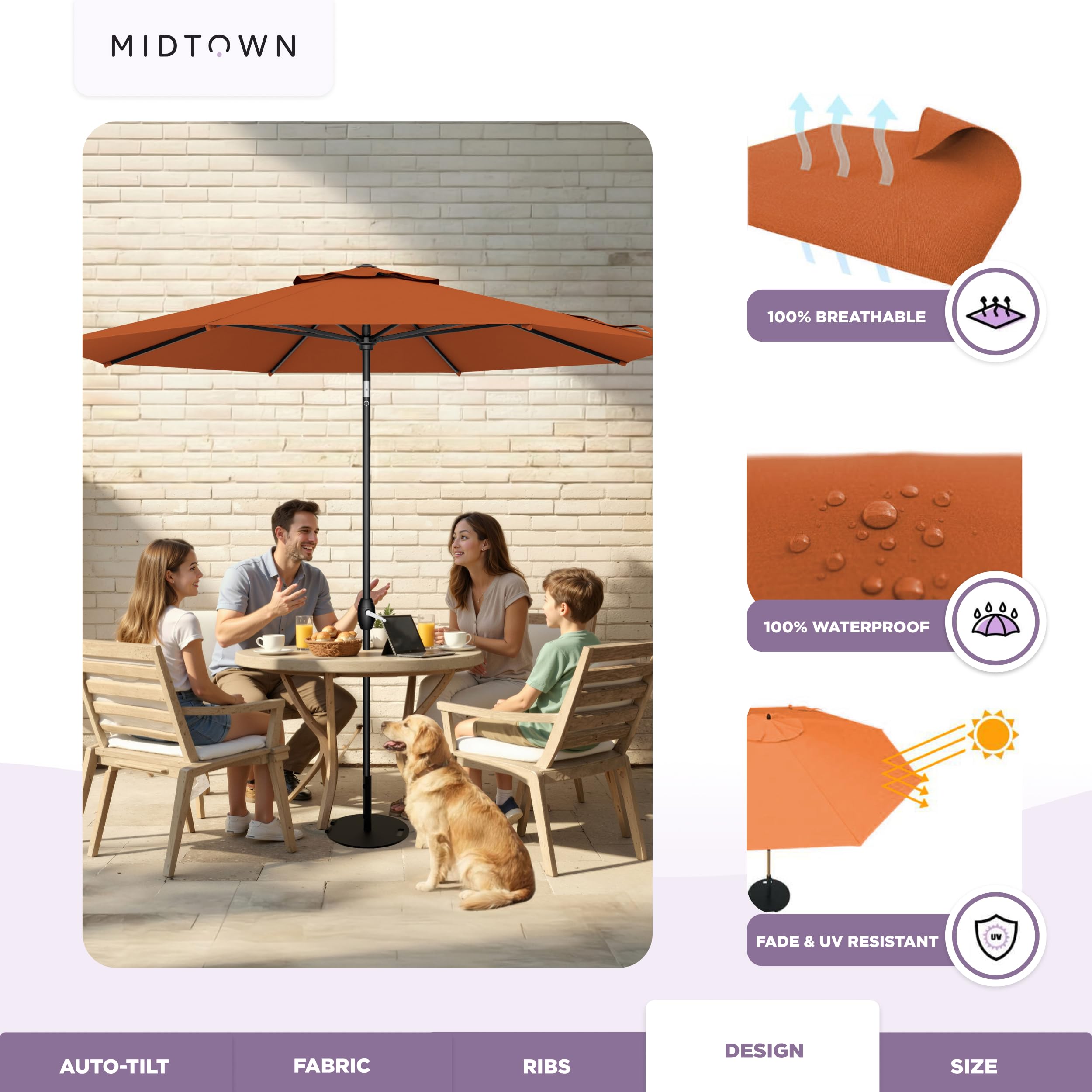 Midtown Umbrellas open umbrella on deck creating comfortable shaded seating