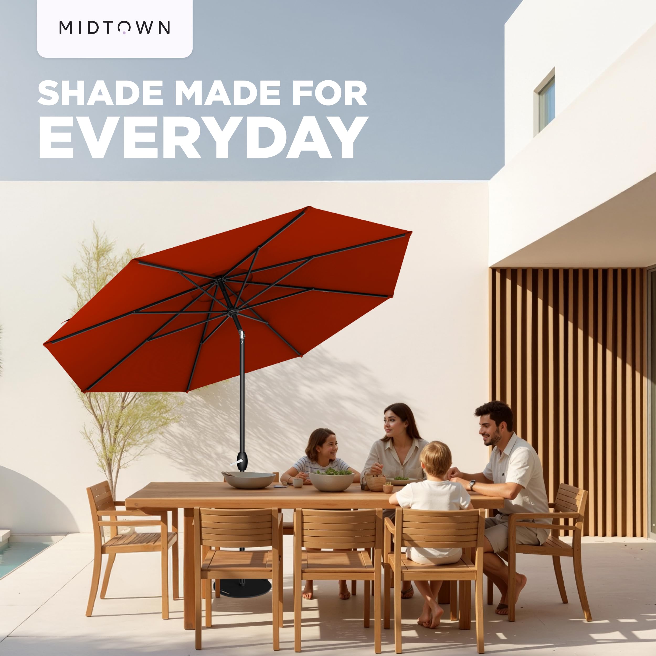 Midtown Umbrellas next to table showing 8 ft canopy scale for 4–6 seats benefit