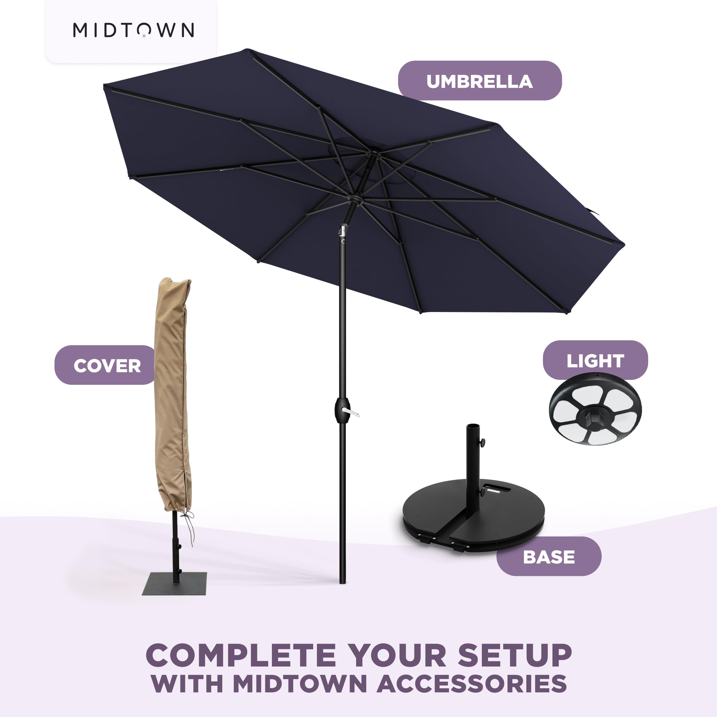 Midtown Umbrellas color swatches spread showing 30-plus fade-resistant options available