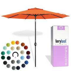 Midtown Umbrellas front view showing tangerine canopy and sturdy construction for lasting color