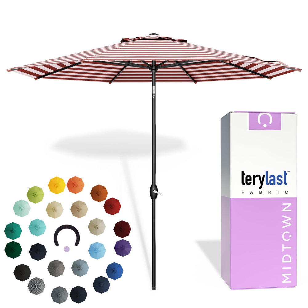 MIDTOWN UMBRELLAS front view of 9ft red-white canopy showing broad shade coverage