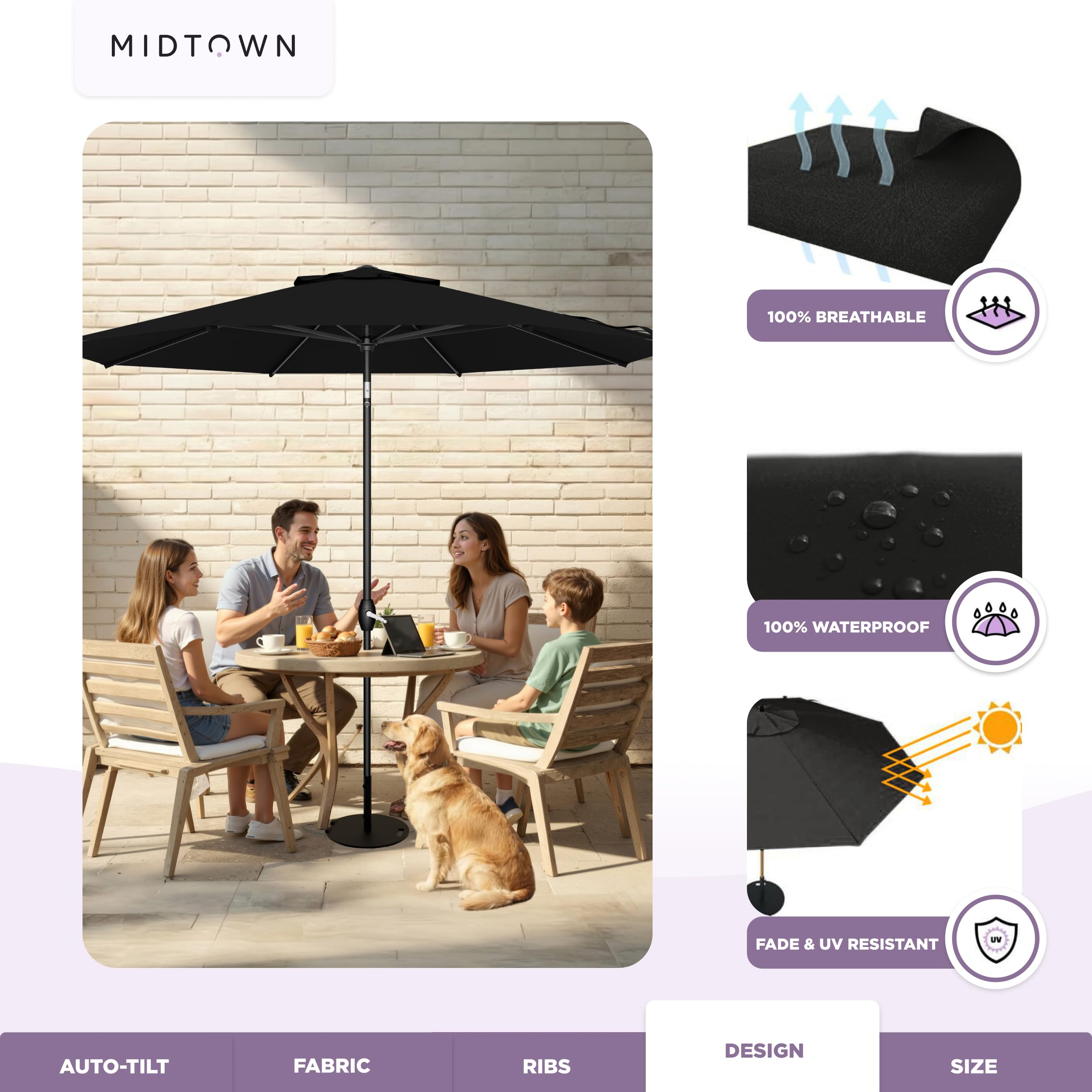 Midtown Umbrellas over deck dining set demonstrating comfortable shaded seating