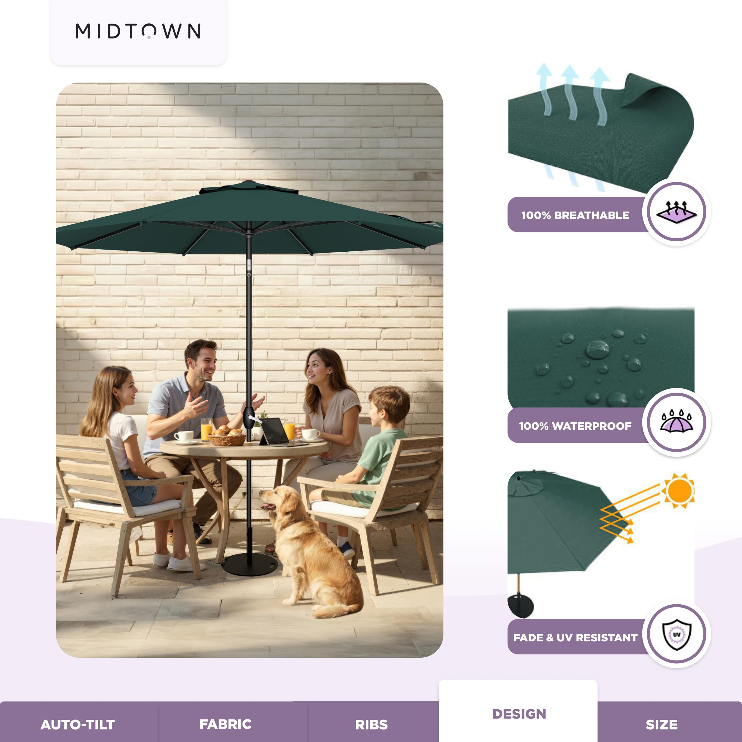 Midtown Umbrellas in-use patio dining setup providing comfortable shade