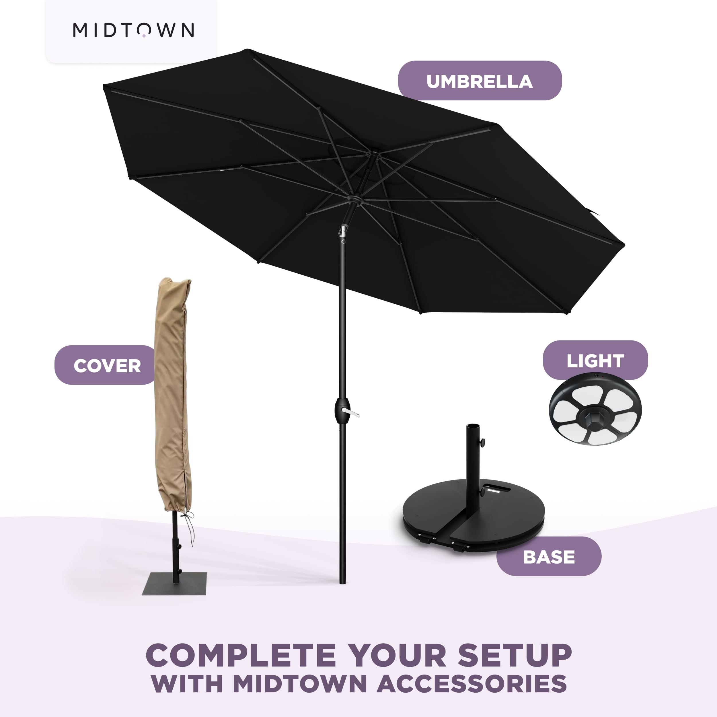 Midtown Umbrellas fabric and frame label close-up indicating 10-year coverage