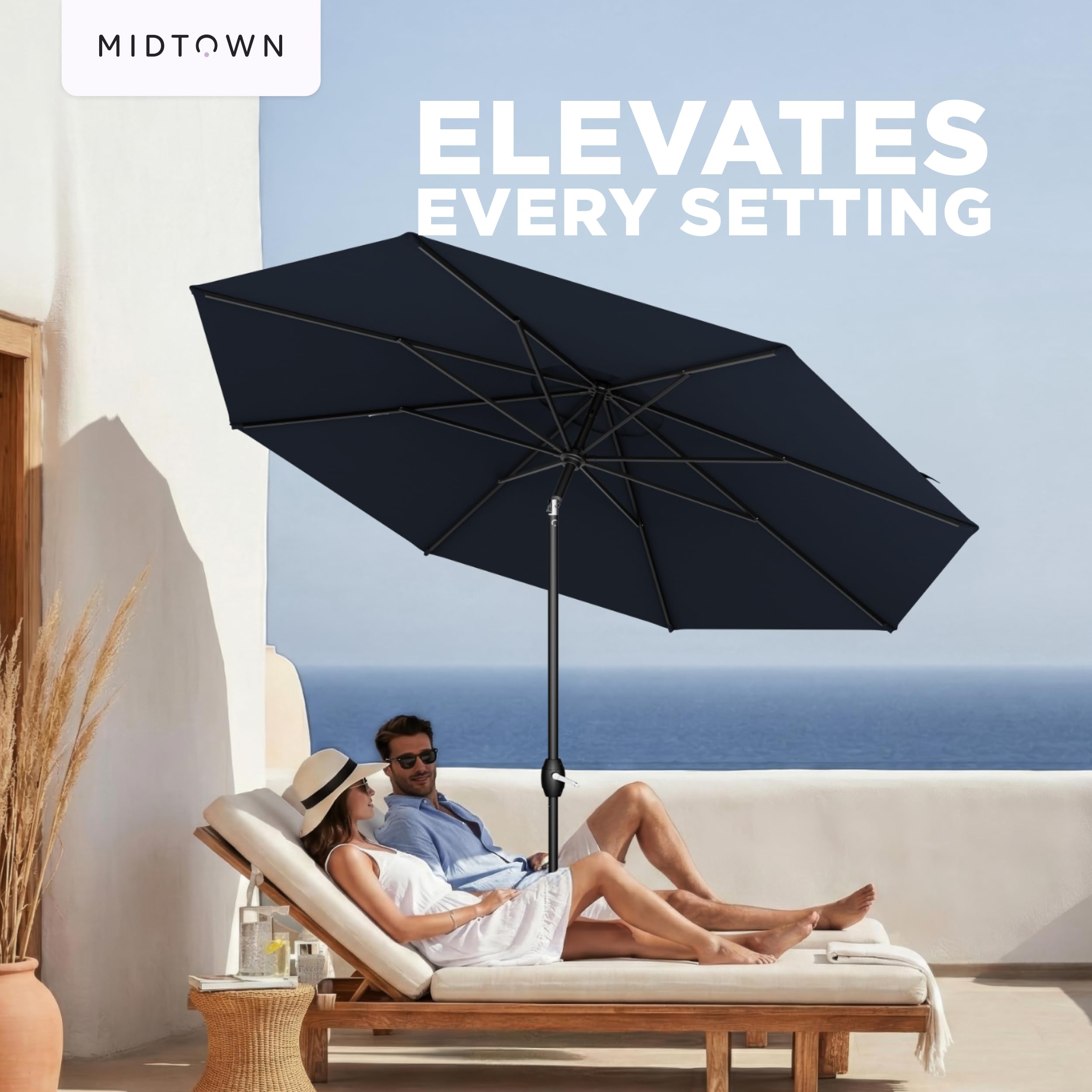 Midtown Umbrellas label and warranty tag displaying 10-year protection details and quality