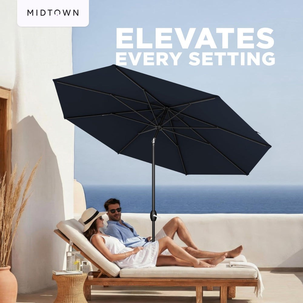 Midtown Umbrellas label and warranty tag displaying 10-year protection details and quality