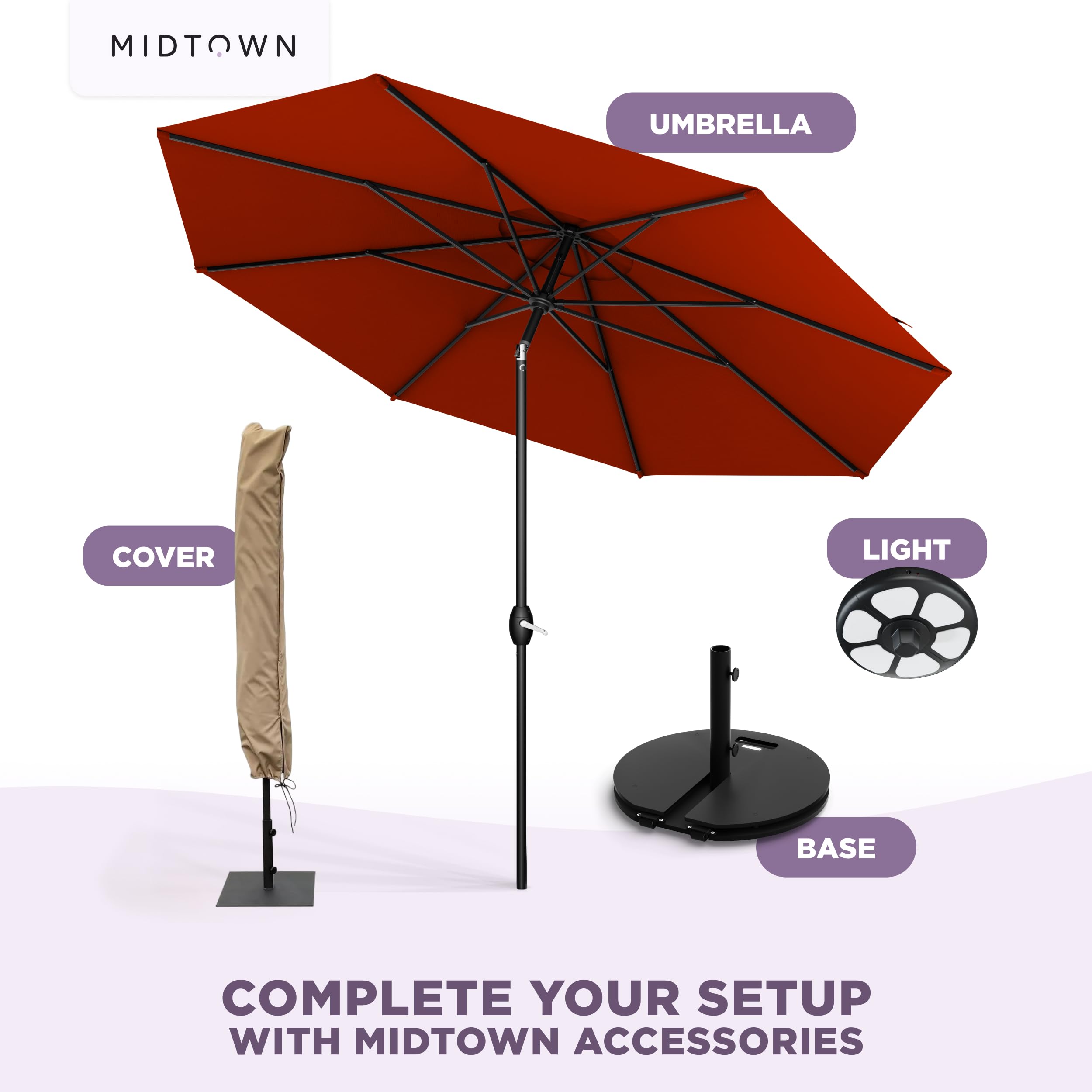 Midtown Umbrellas label and warranty tag showing 10-year coverage information