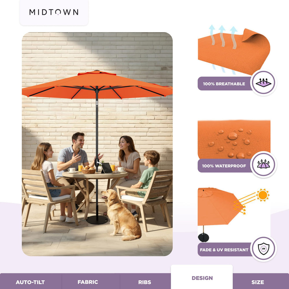 Midtown Umbrellas open above deck dining table showing generous shade and comfortable seating