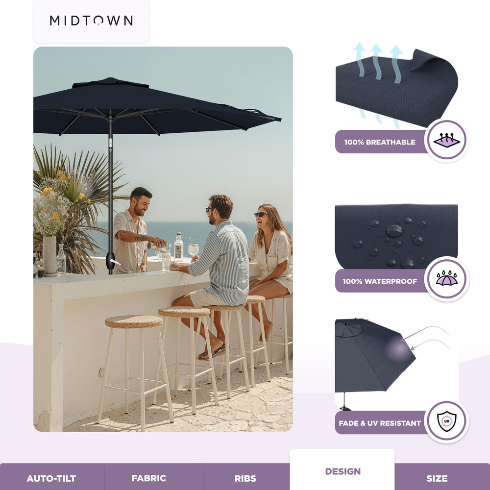 Midtown Umbrellas over patio dining table demonstrating generous 9 ft coverage and comfort