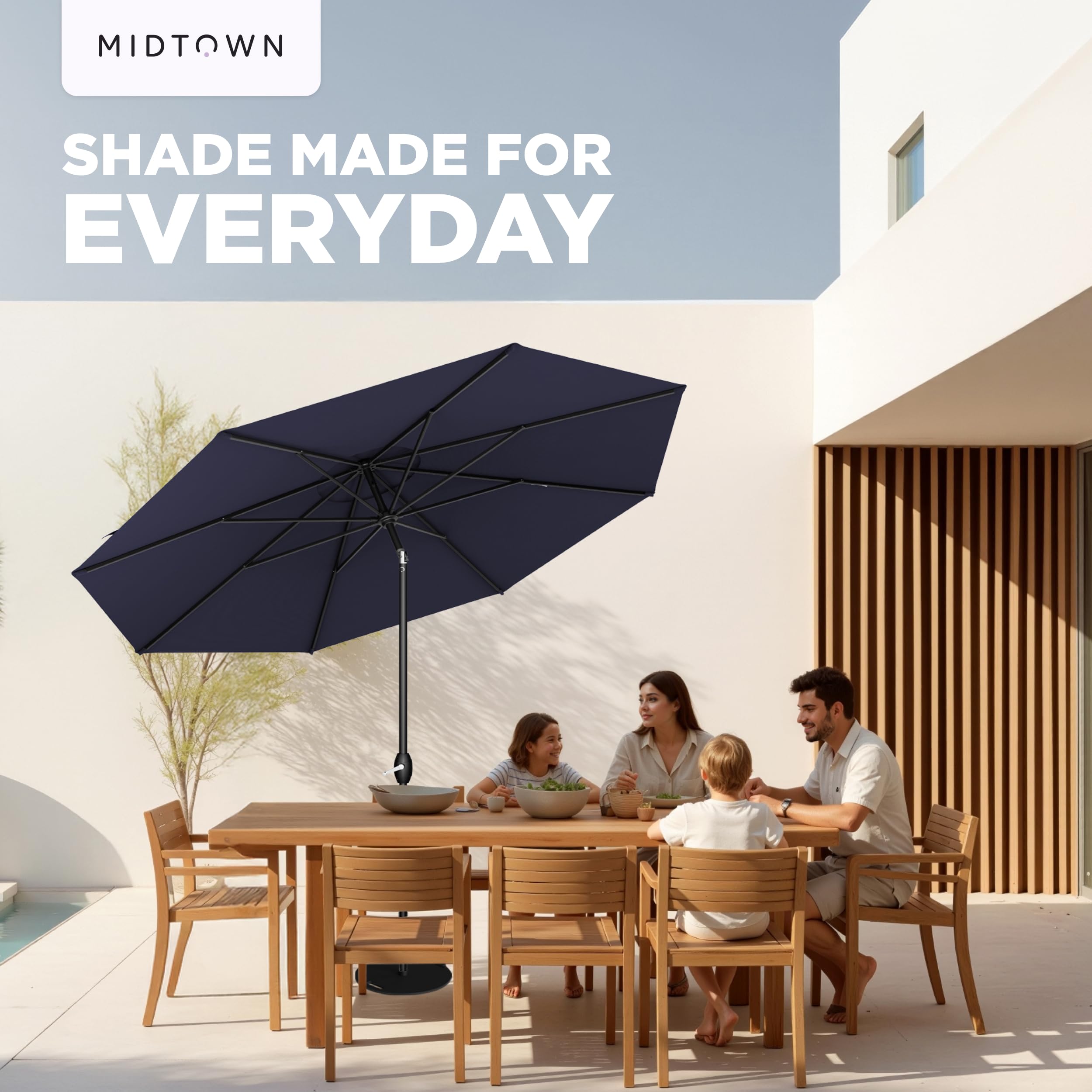 Midtown Umbrellas poolside lifestyle image showing comfortable shaded lounging and style