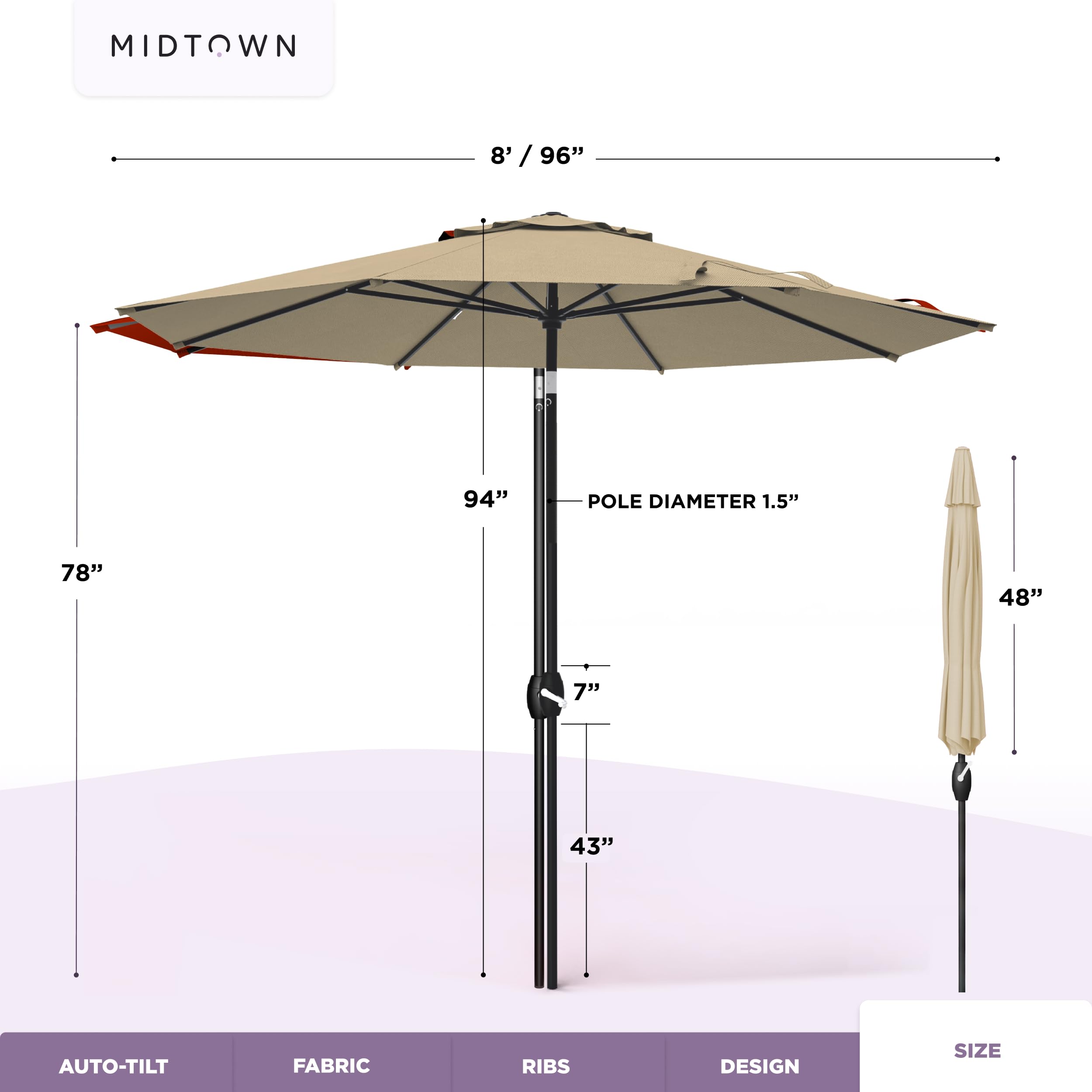 Midtown Umbrellas over a four-person patio set showing coverage for small dining areas