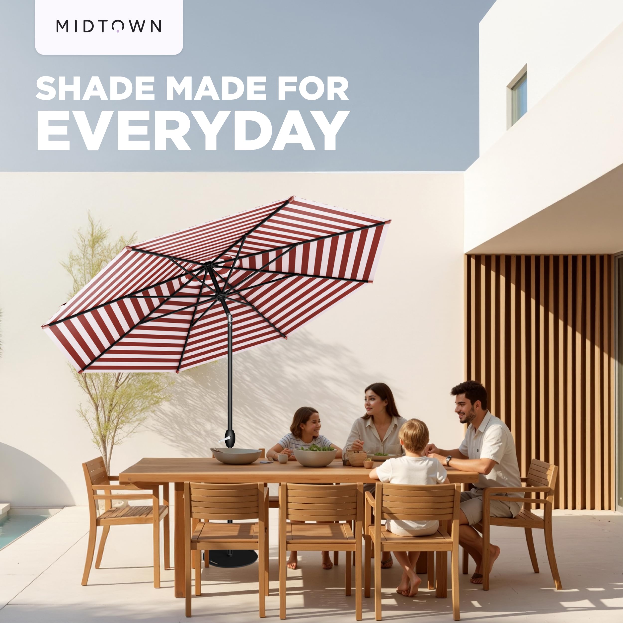 MIDTOWN UMBRELLAS scale comparison with chair illustrating 9ft coverage area