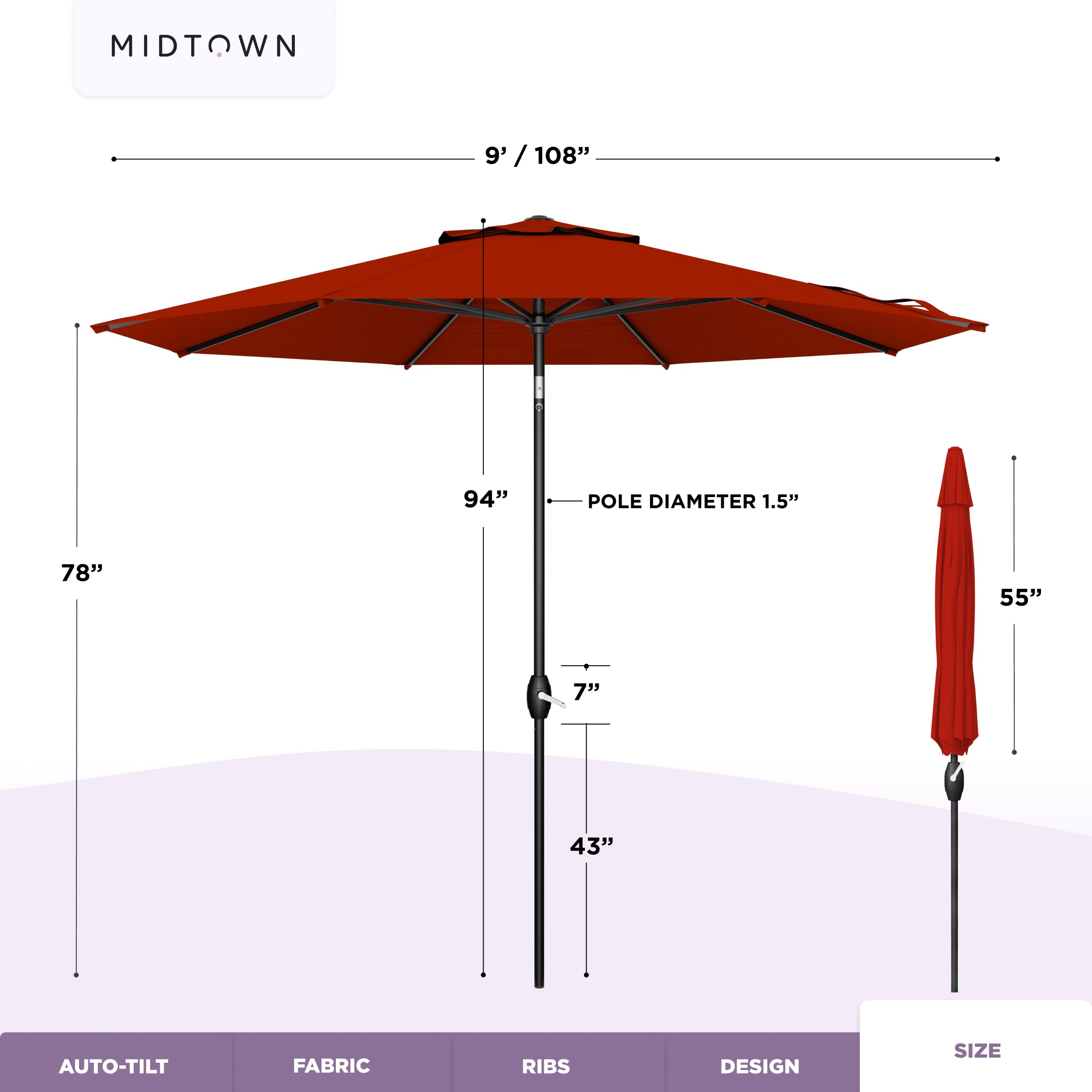 Midtown Umbrellas beside patio table for six demonstrating coverage and scale