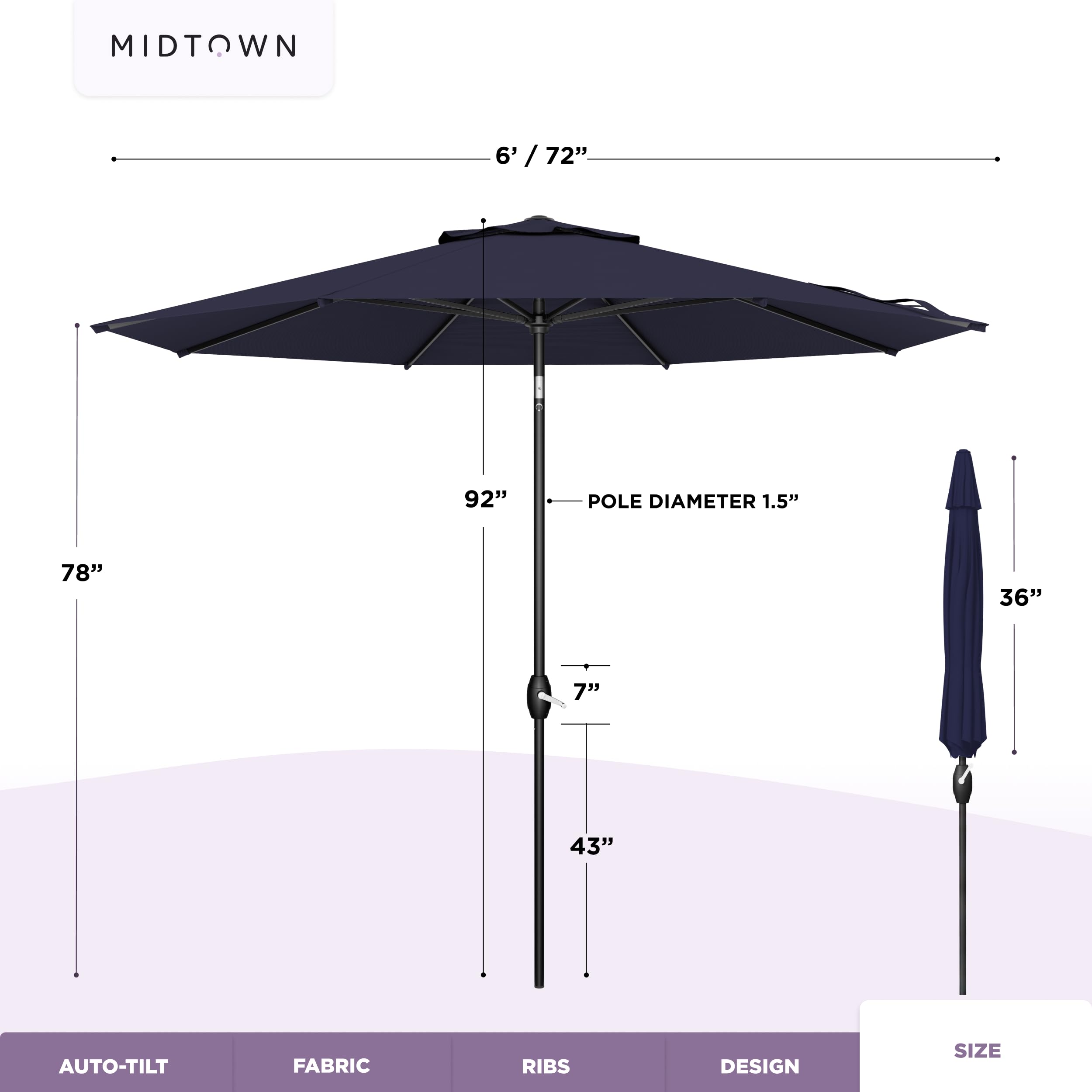 Midtown Umbrellas next to a bistro table showing correct 6 ft scale for two-seat areas
