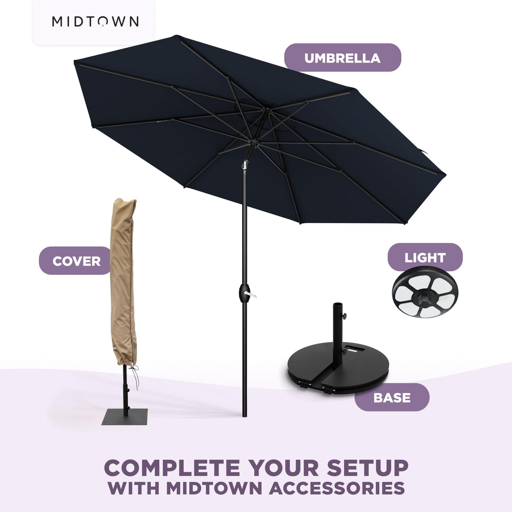 Midtown Umbrellas beside chair for scale showing coverage and proportion of 9 ft canopy