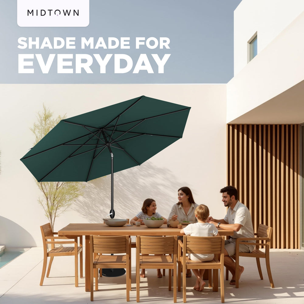 Midtown Umbrellas size comparison next to table showing 8-foot coverage