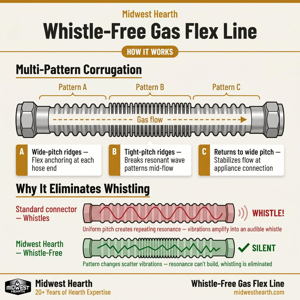 Midwest Hearth corrugation close-up showing whistle-free pattern for quieter operation