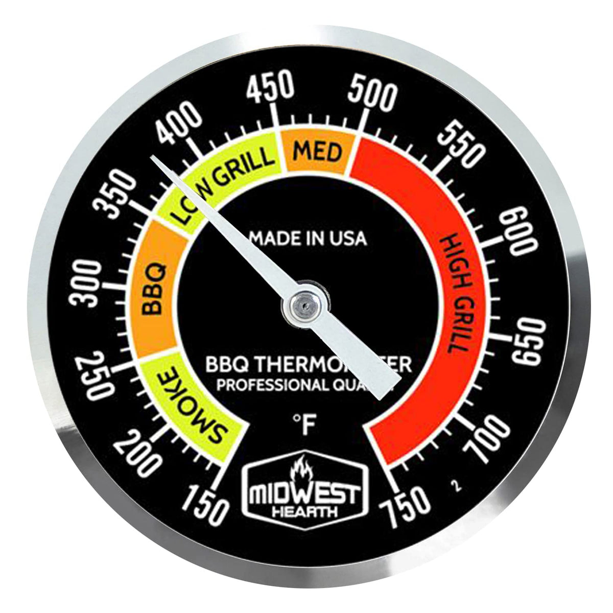 Midwest Hearth front view dial showing color zones for quick readings