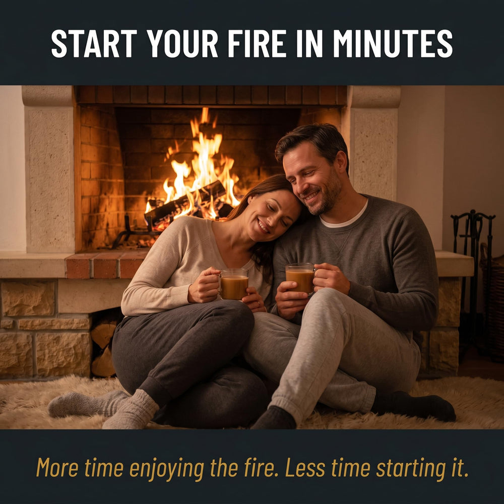 Midwest Hearth in use igniting wood in a fireplace demonstrating fast, reliable fire starts