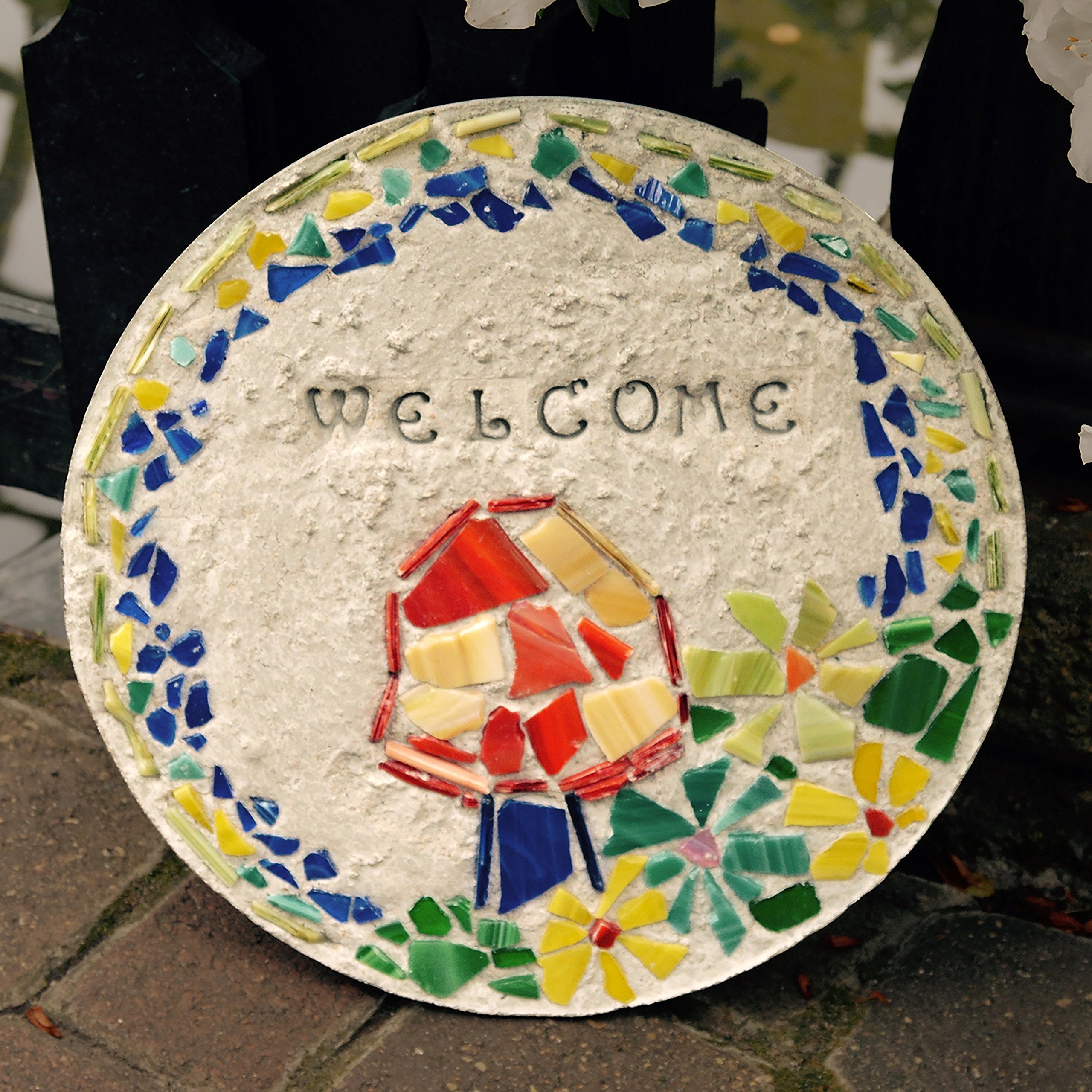 Midwest Products front view of finished mosaic stepping stone showing vibrant stained glass detail and durable finish