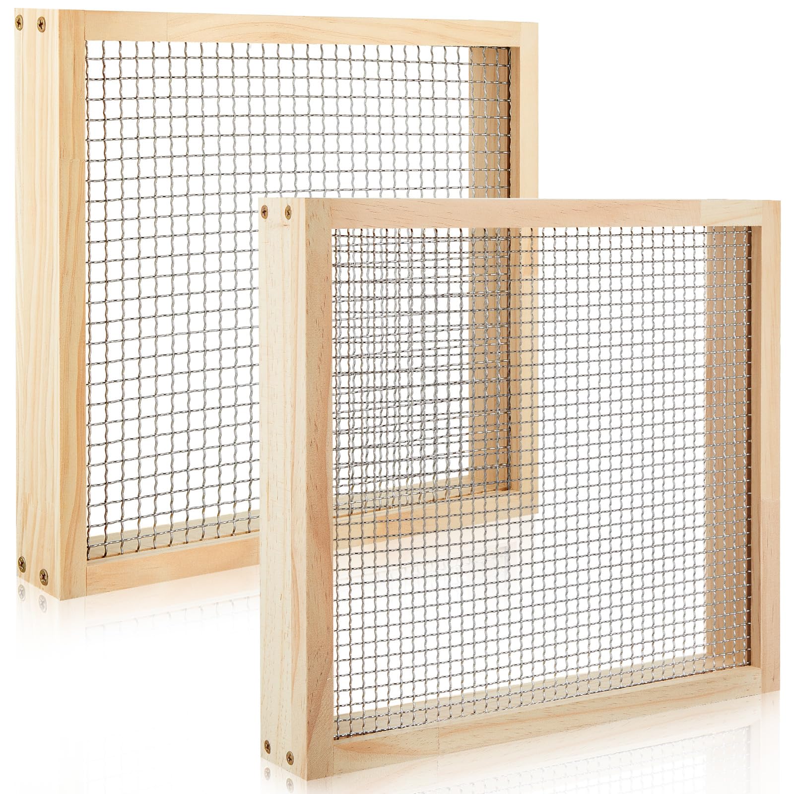 Mifoci front view of two wooden soil sifters ready for gardening use