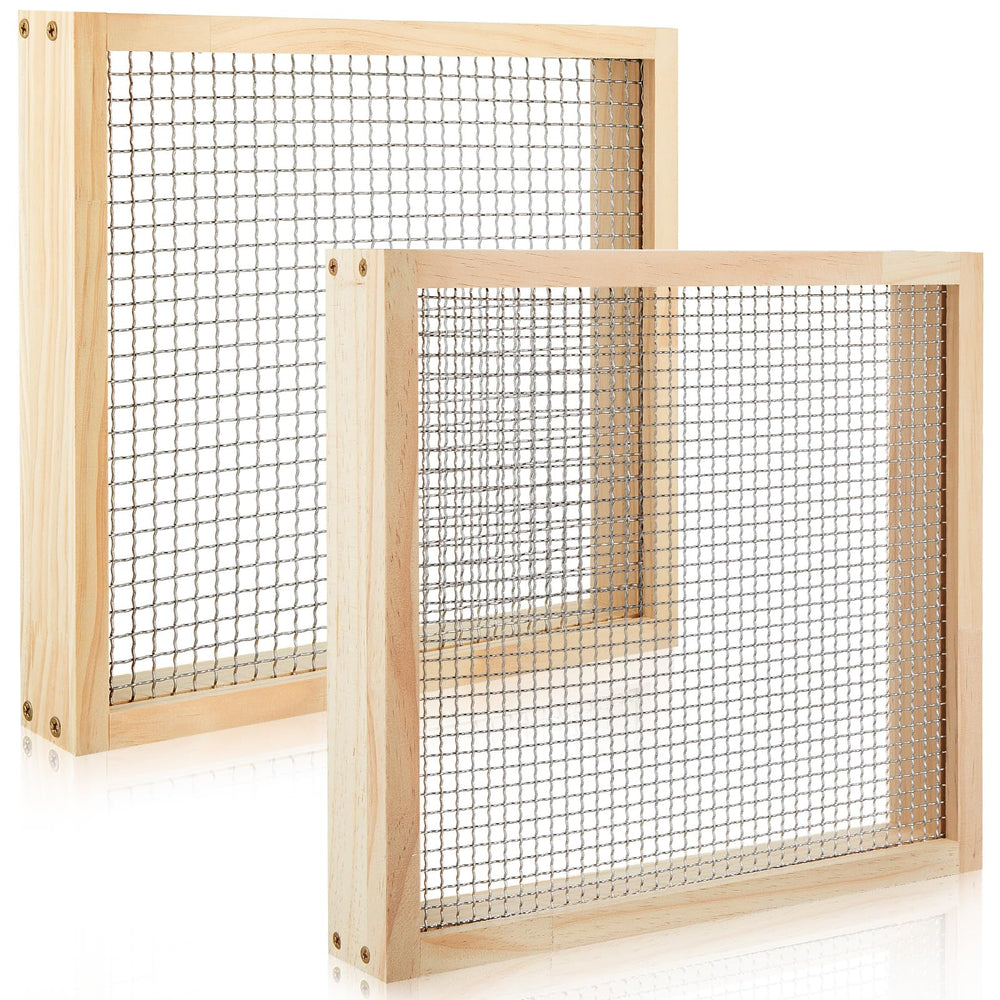 Mifoci front view of two wooden soil sifters ready for gardening use