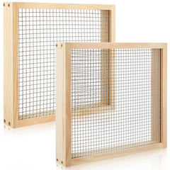 Mifoci front view of two wooden soil sifters ready for gardening use