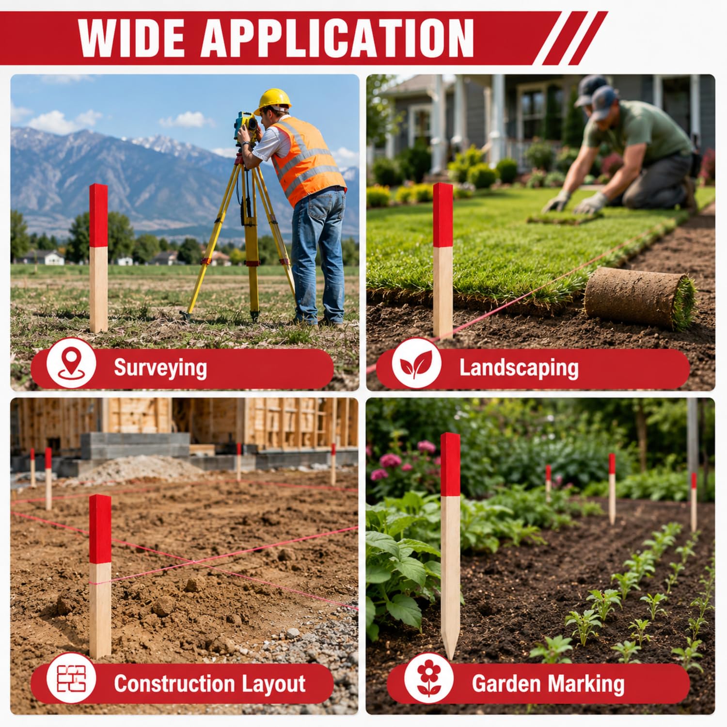 Mifoci stakes marking garden rows showing practical layout benefit