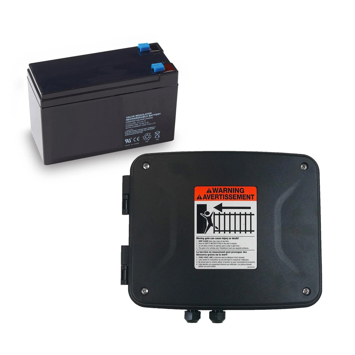Mighty Mule enclosure front view showing weatherproof box and secure lock benefit